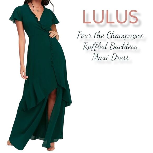 NWT LULUS Pour the Champagne Emerald Green Ruffled Backless Maxi Dress - Picture 1 of 10